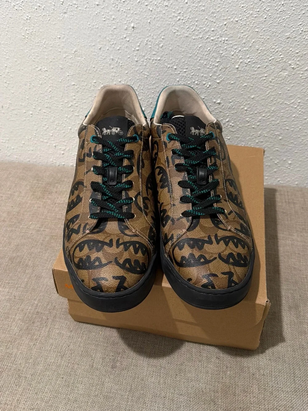 Coach Brown Logo-Print Low Top Sneakers with Teal Accents